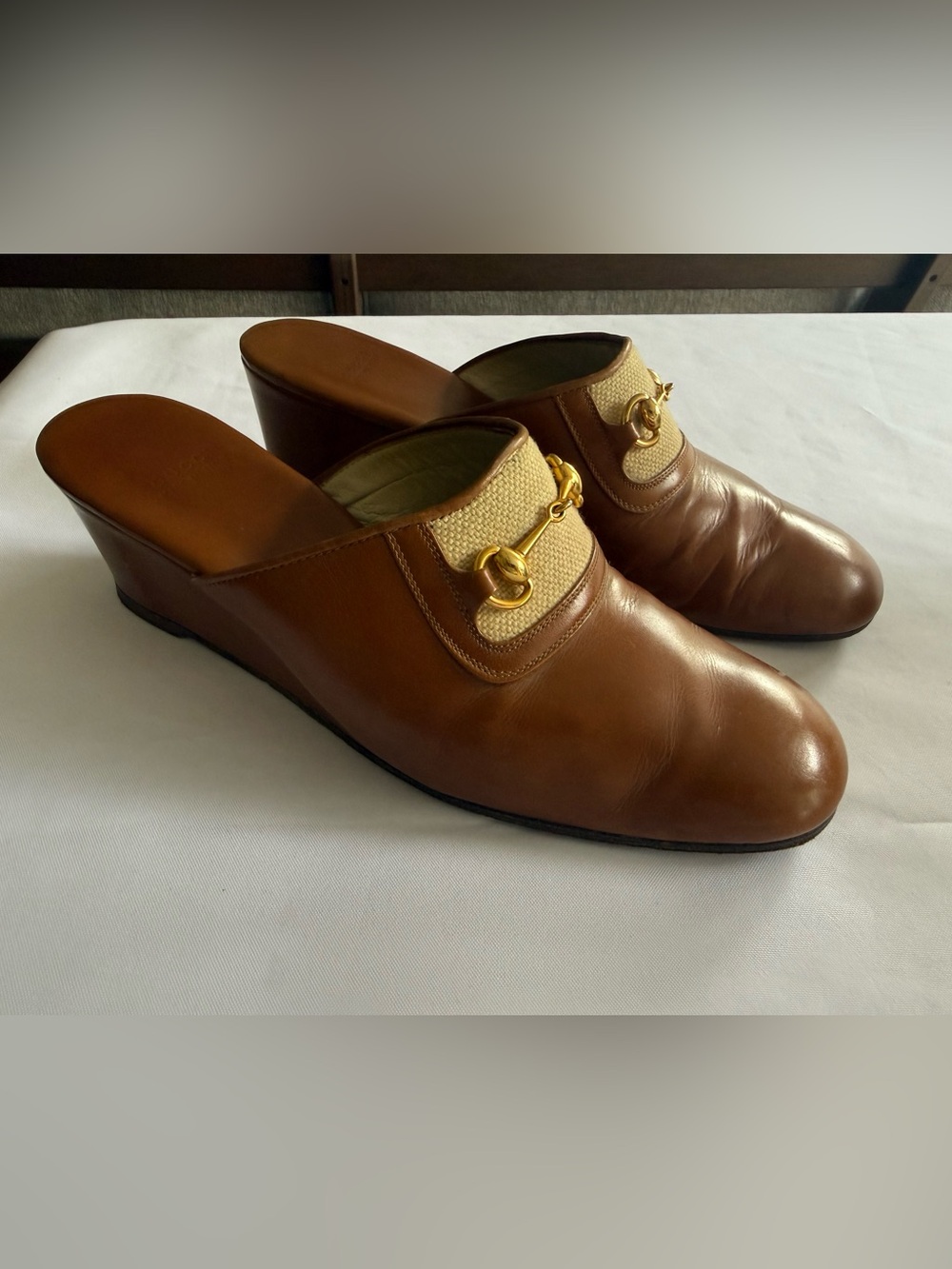 Rare Vintage 1970’s Gucci Brown Leather & Cream Canvas Horsebit Mule